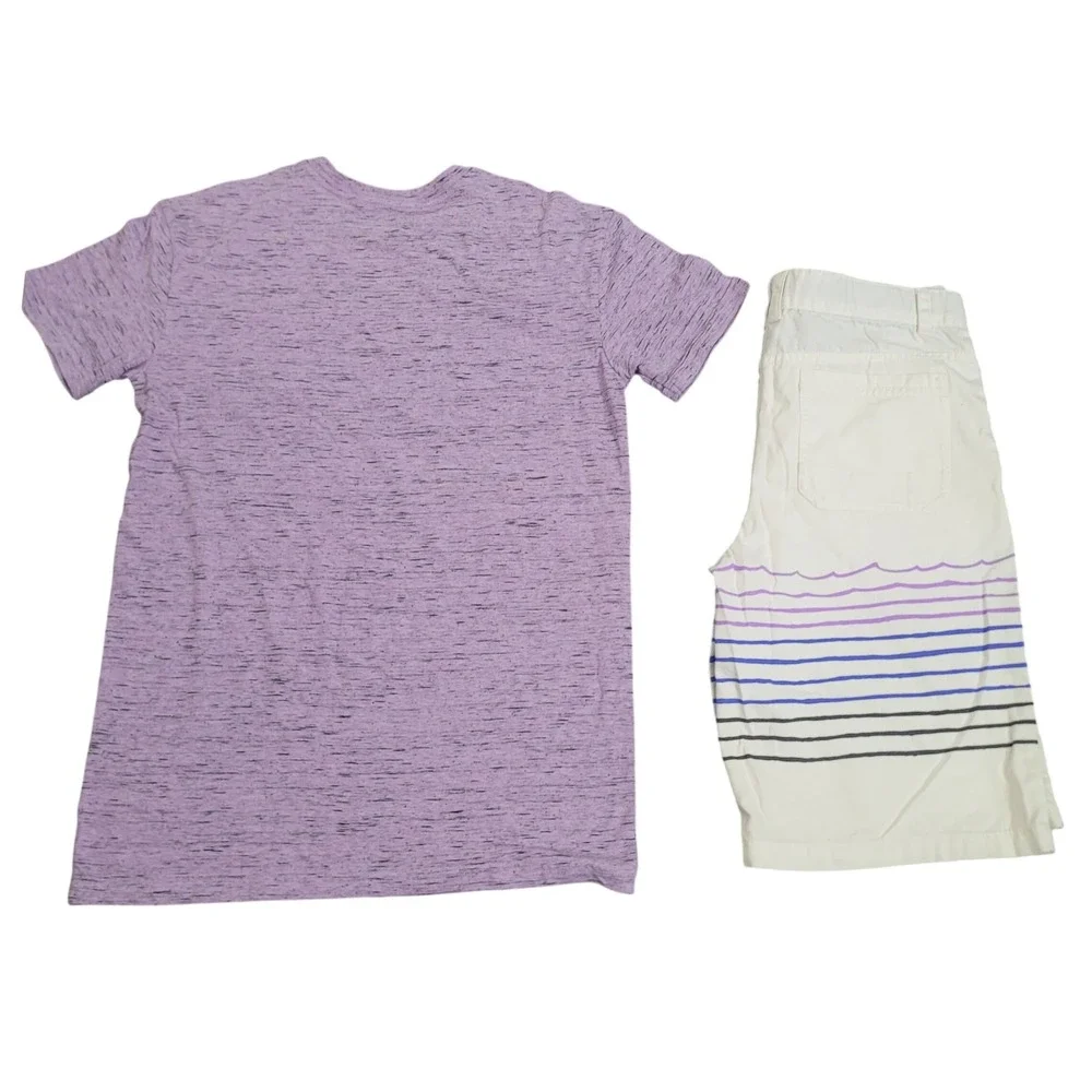 Cat & Jack Size 16 Short Set Boys Purple Space Dye Tee Shark Pizza White Shorts
